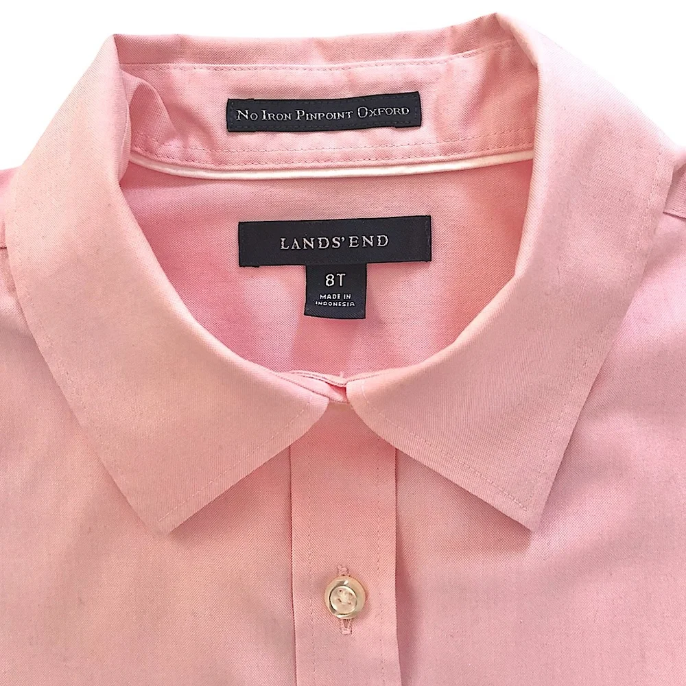 Lands’ End No Iron Pinpoint Oxford Classic Pink Button Up Size 8T - Picture 3 of 10